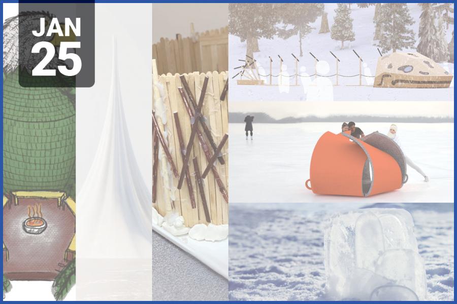 Collage of winning renderings for the Warming Huts 2024 competion.